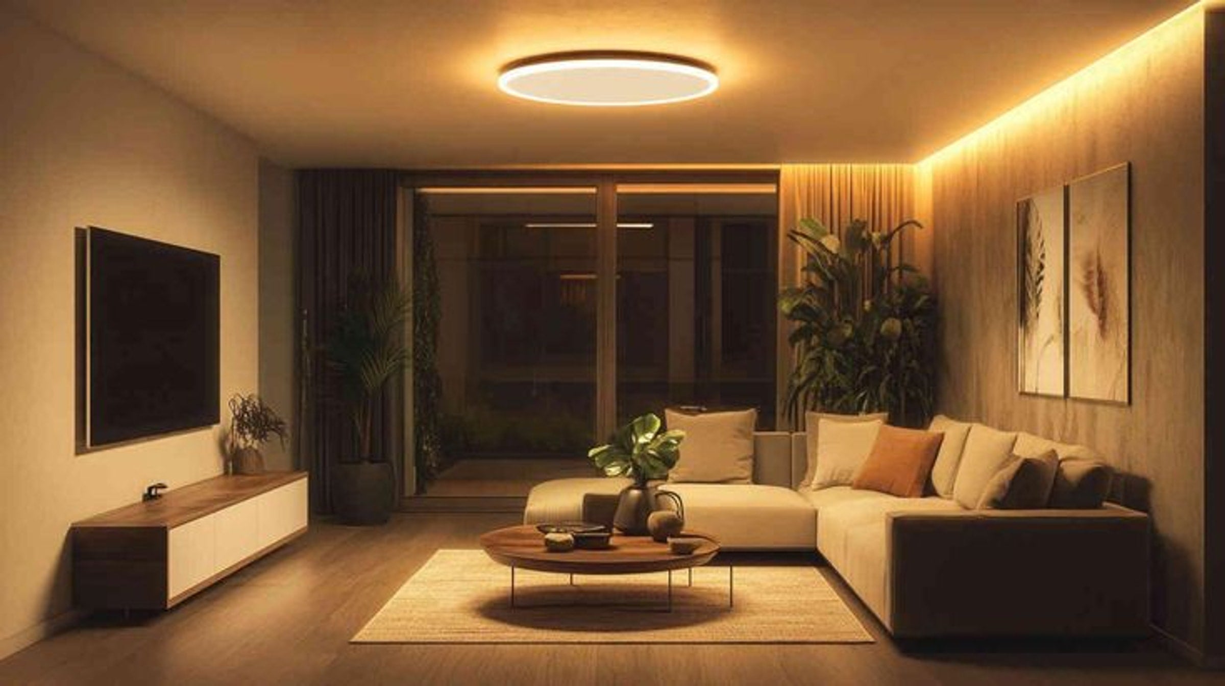 Modern living room with layered decorative lighting